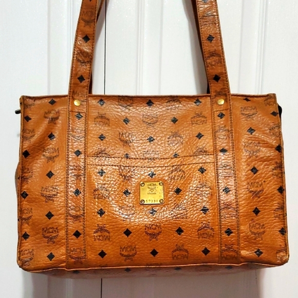 MCM Cognac Visetos Leather Shopper Tote Bag